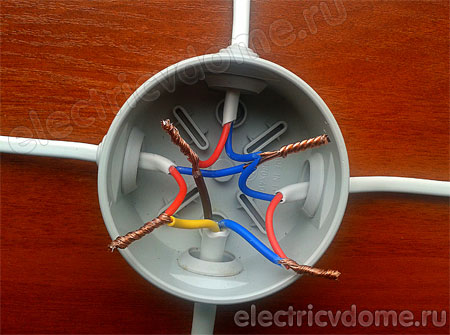 До фазного проводу який прийшов від електрощита підключається дріт, що йде до загального контакту Двоклавішний вимикача